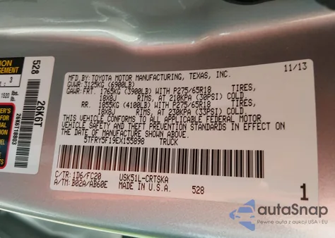 2014 Toyota Tundra Sr5 5.7L V8 z USA, uszkodzony, nr VIN 5TFRY5F19EX155898